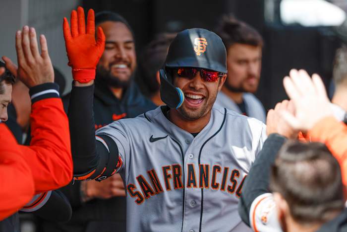 SF Giants catcher Blake Sabol celebrates with teammates after hitting a solo home run against the Chicago White Sox. (2023)